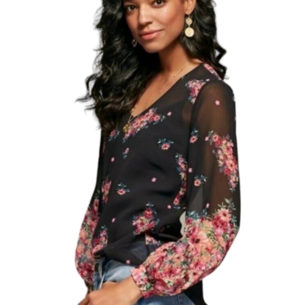 Cabi Blooming Black Floral Cottagecore Semi Sheer Blouse # 3594 Size Small